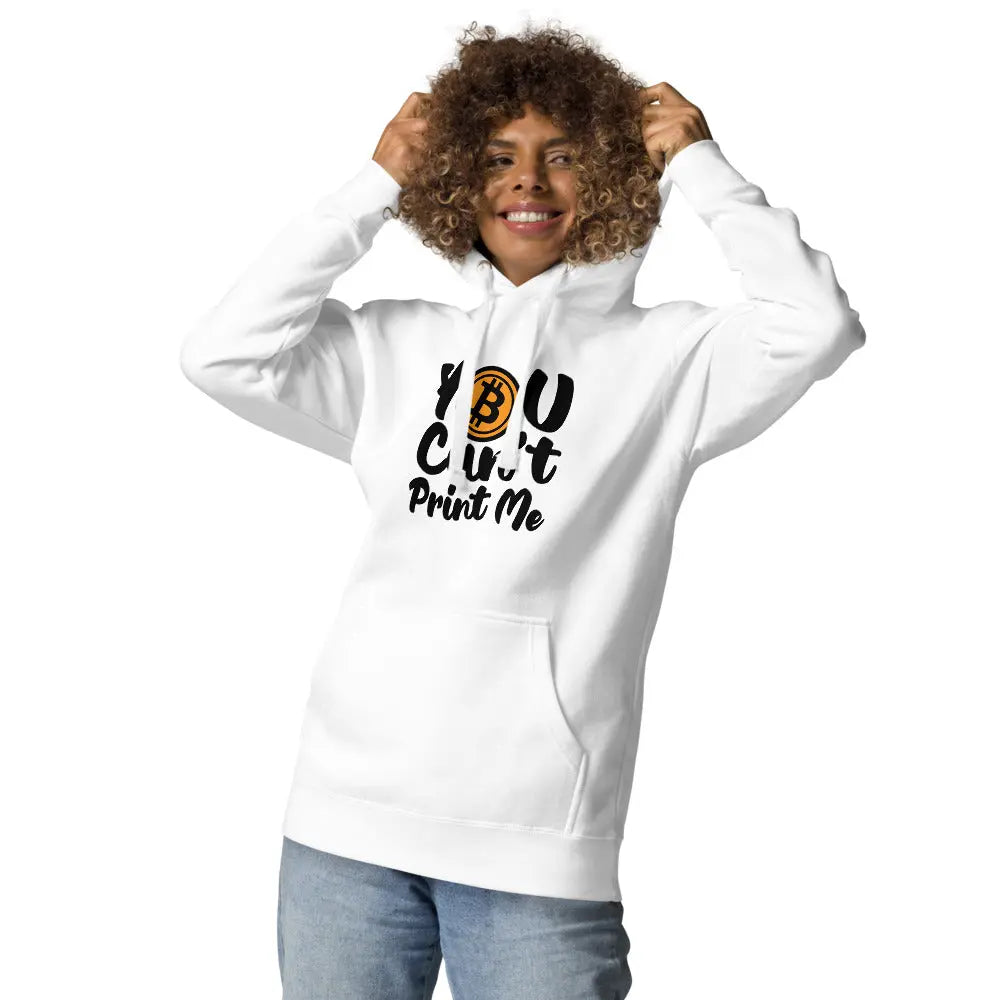 bitcoin hoodie - you can't print me - worn on female model 