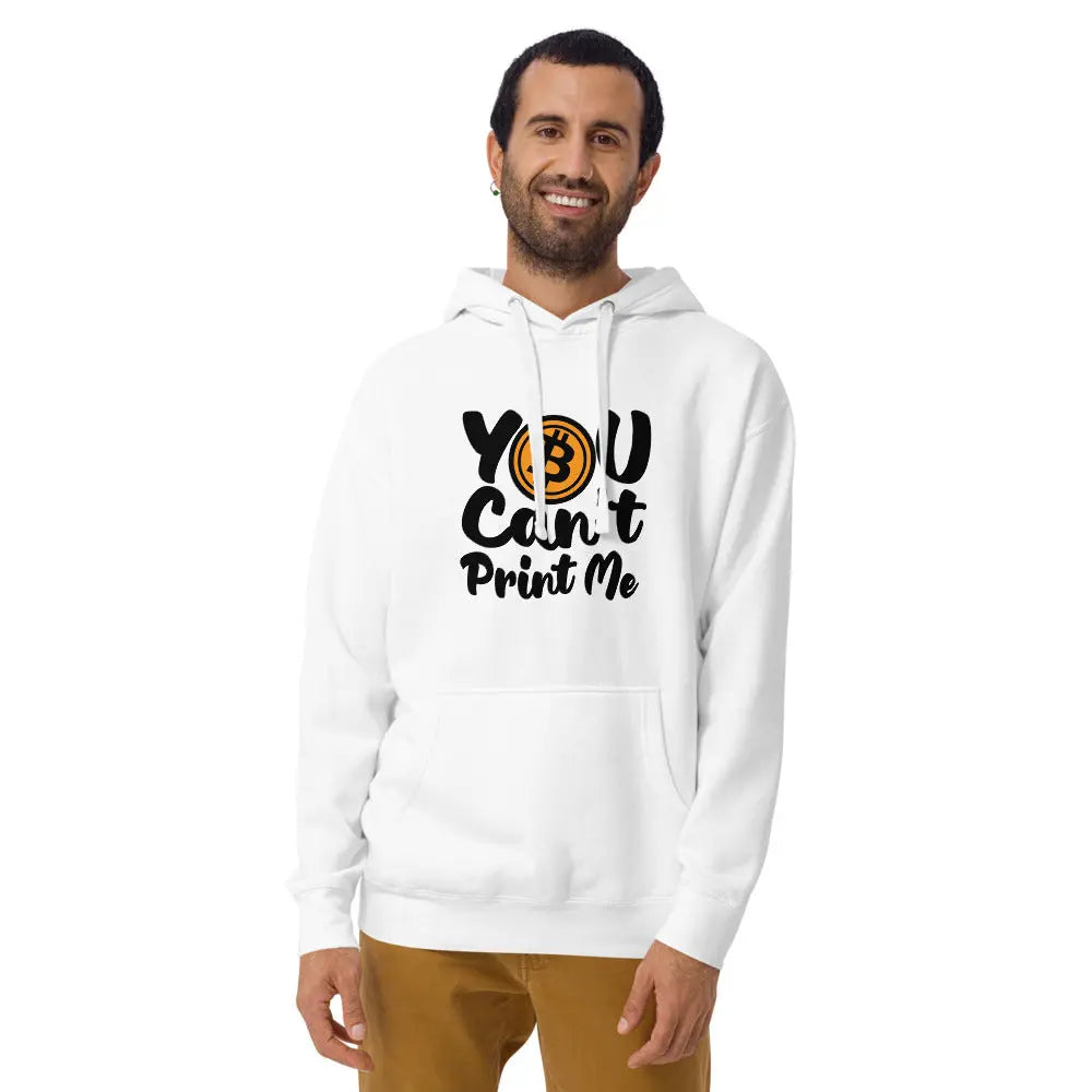 bitcoin hoodie - you can't print me - worn on model - white