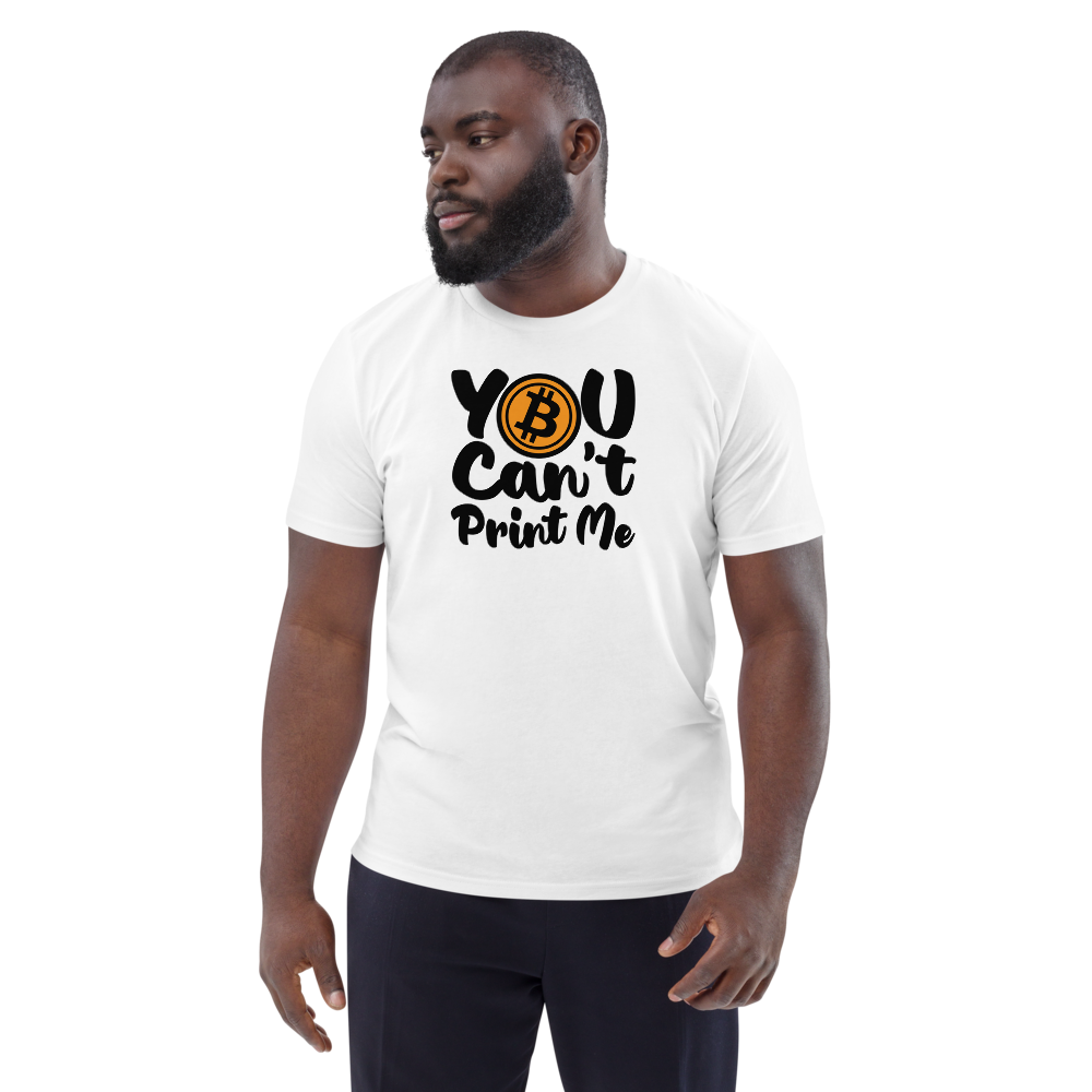 Bitcoin T-Shirt – You Can’t Print Me - front view on model — white
