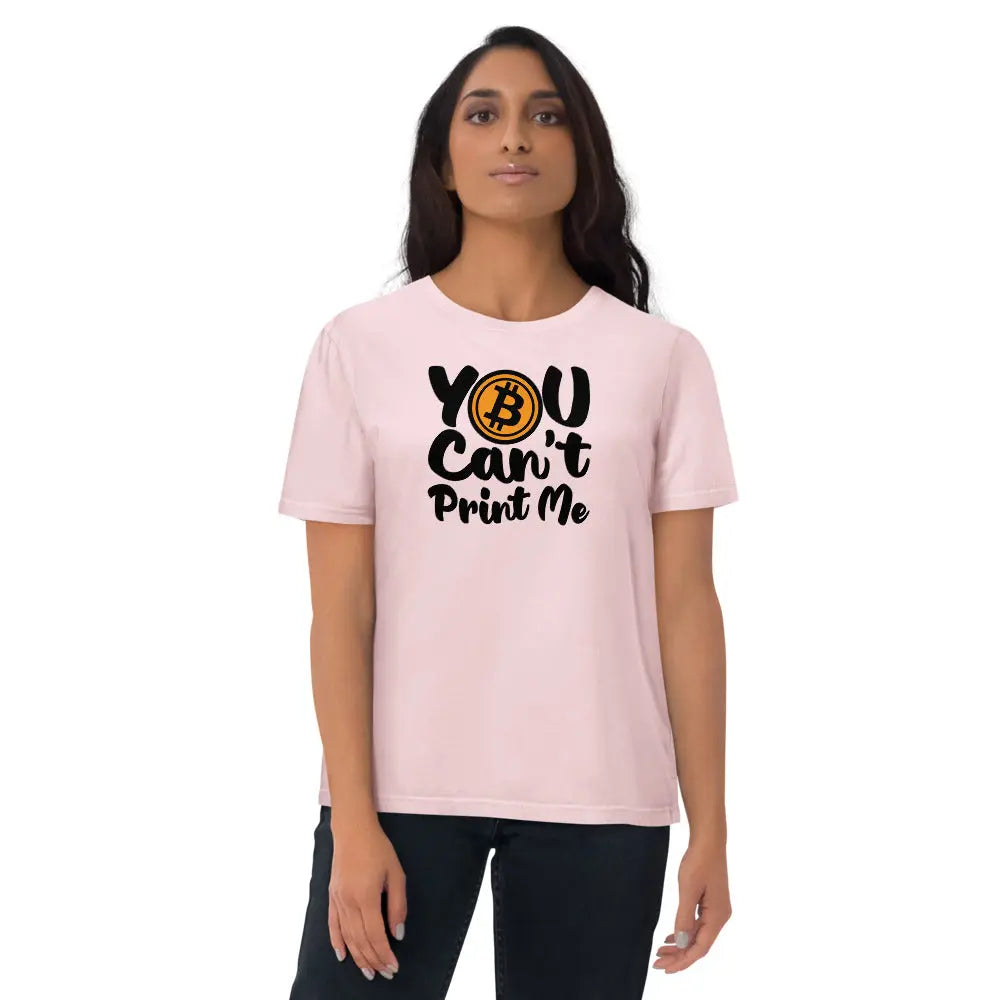 Bitcoin T-Shirt – You Can’t Print Me - worn on female model - pink
