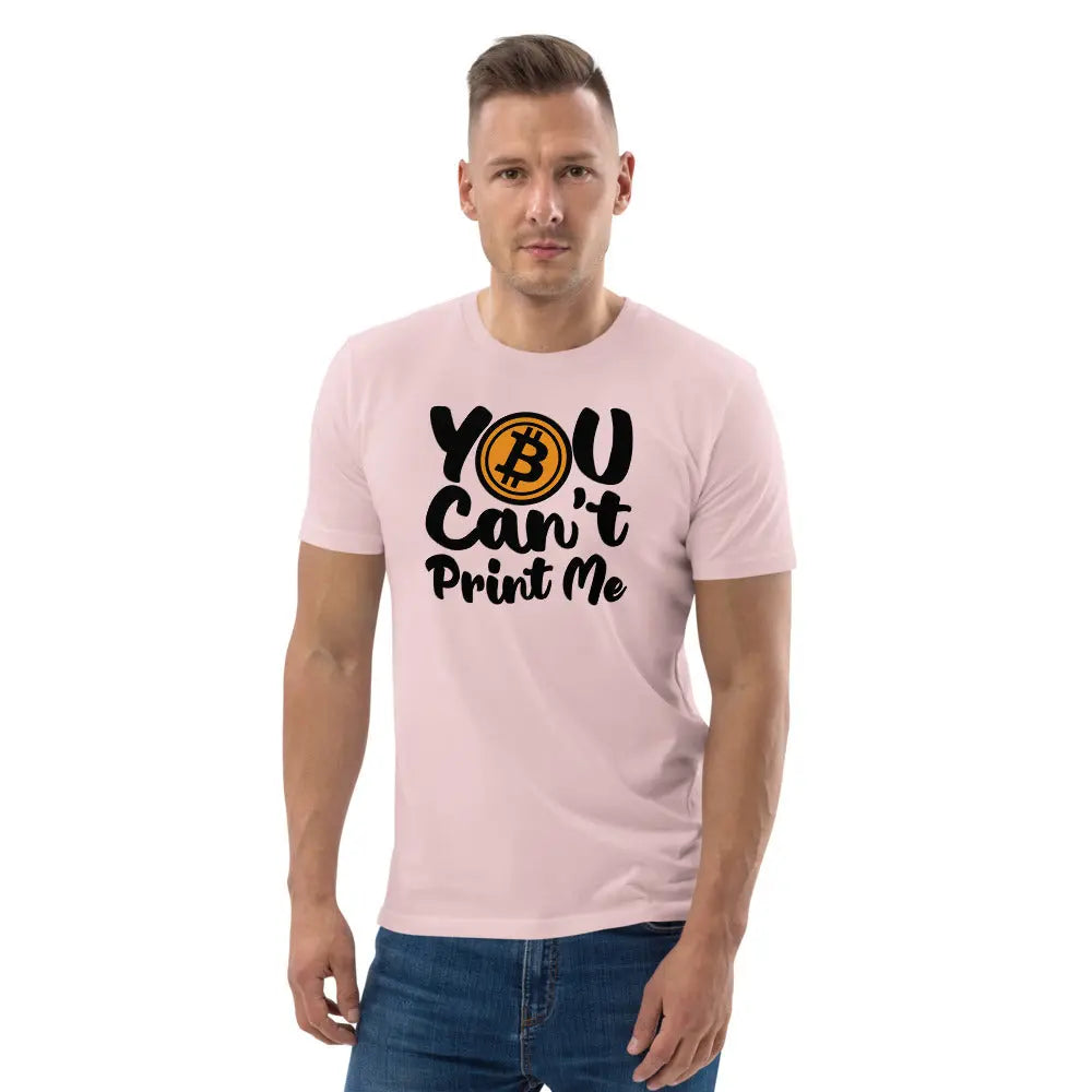 Bitcoin T-Shirt – You Can’t Print Me -worn on male model - pink